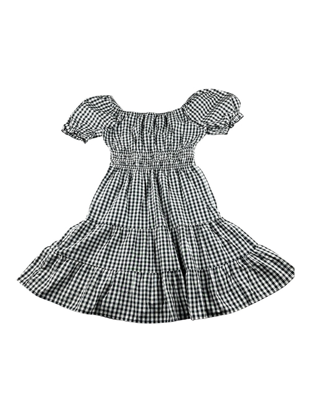 Black & White Gingham Peasant Dress Sz M Picnic Aesthetic Smocked Waist - Picture 4 of 9
